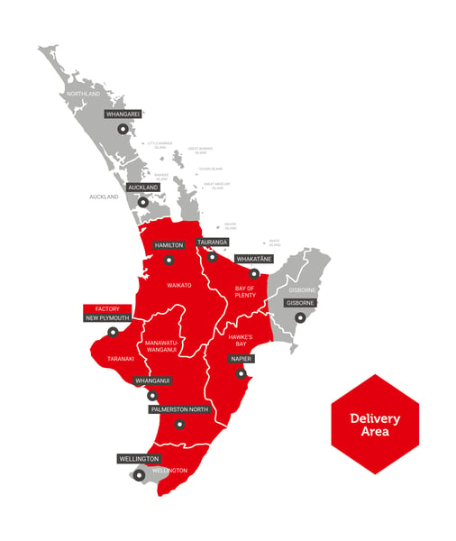 Delivery area map across the North Island
